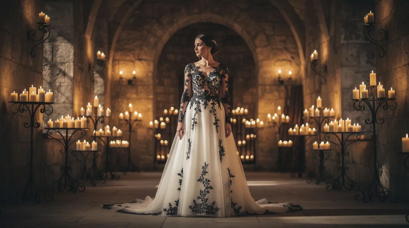 A bride stands gracefully in a candlelit stone venue, wearing a stunning white wedding gown adorned with intricate black lace details. The warm moody lighting enhances the depth and elegance of her outfit, creating a romantic atmosphere perfect for her special day.