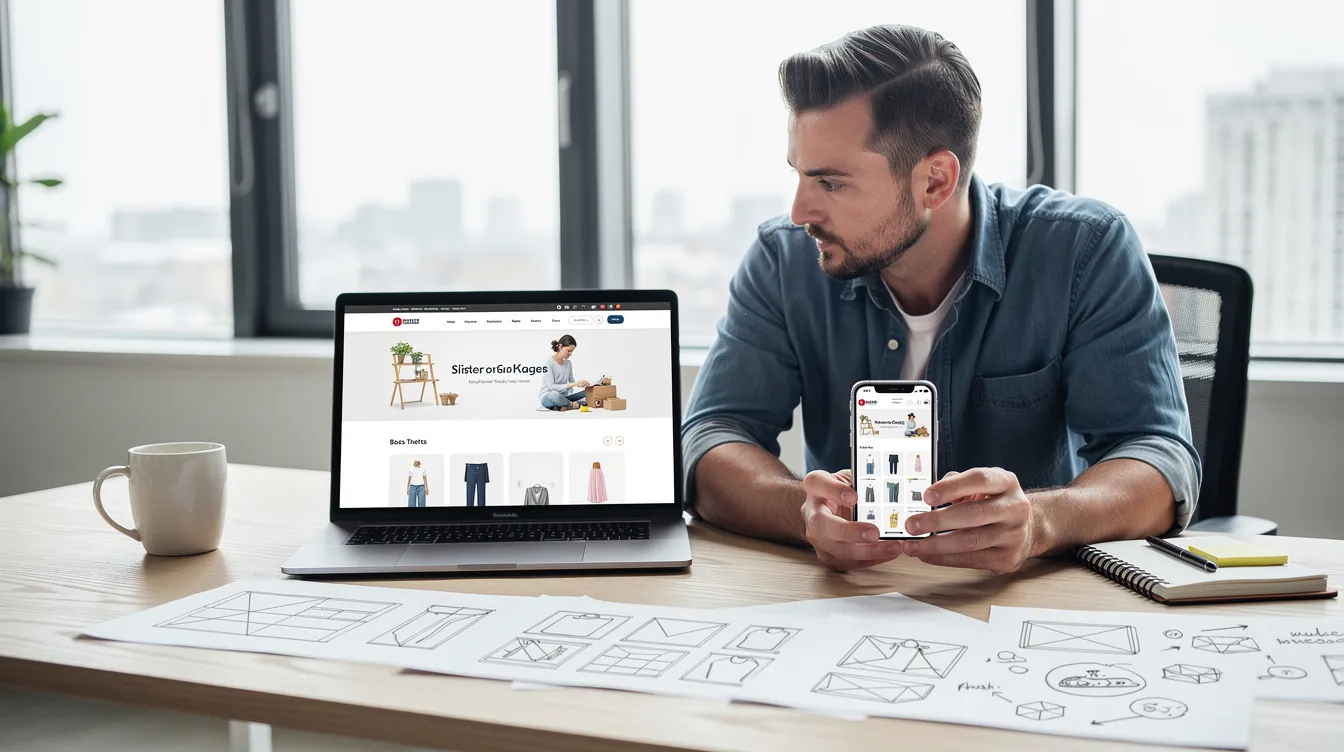 A founder is reviewing ecommerce website layouts on a laptop and phone, focusing on creating a visually appealing online store that enhances customer experience and drives sales. The image highlights the importance of user-friendly design and effective product presentation for successful Shopify stores.