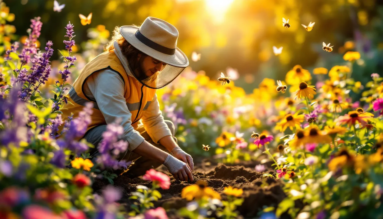 Jak uprawiać rośliny miododajne? Obrazek pokazuje ogrodnika sadzącego rośliny.