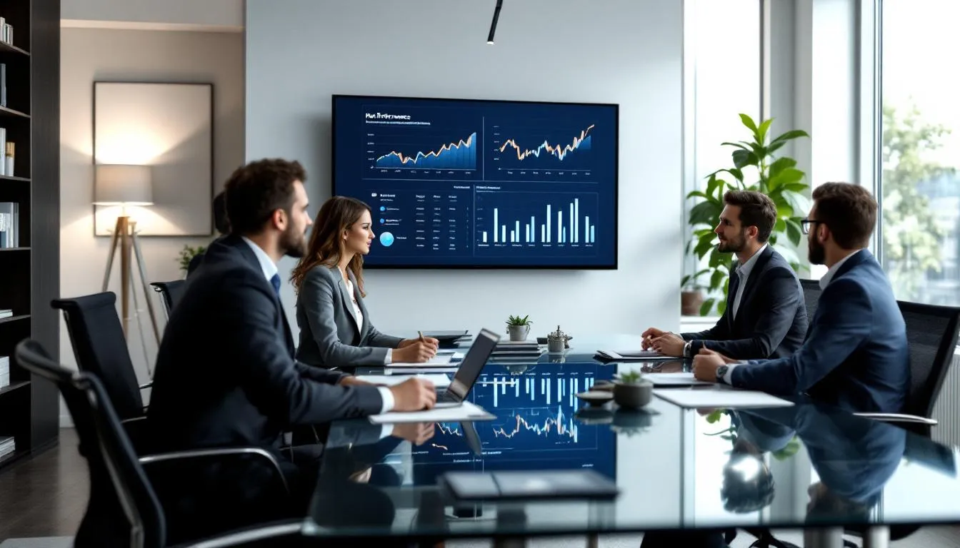 The image depicts a hotel management team gathered around a table, analyzing financial performance data, including operational efficiency and gross operating profit, to make informed decisions about the hotel's financial health and profitability. Charts and graphs illustrating revenue streams and operating expenses are visible, providing valuable insights into the hotel's core operations and overall operational performance.