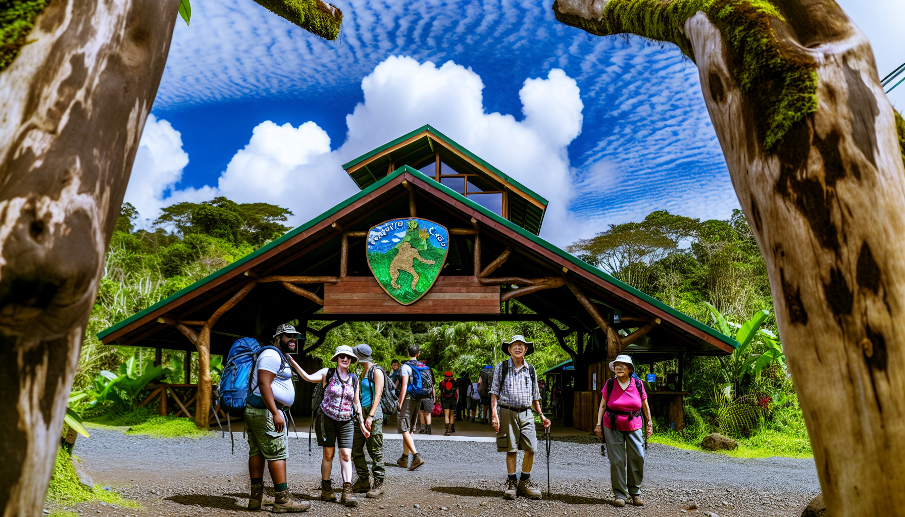 Entrance to Tenorio Volcano National Park with visitors exploring the area