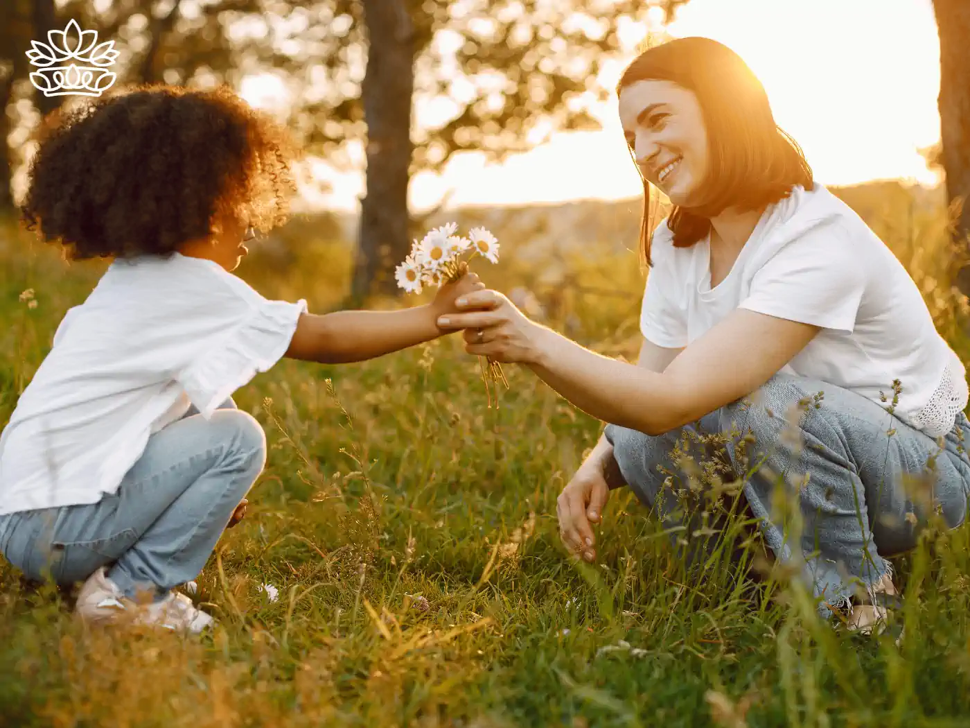 Young child offering a bunch of daisies to a smiling woman during a golden sunset in a grassy field, capturing a moment of joy and connection. Fabulous Flowers and Gifts - Thank You Flowers. Delivered with Heart.