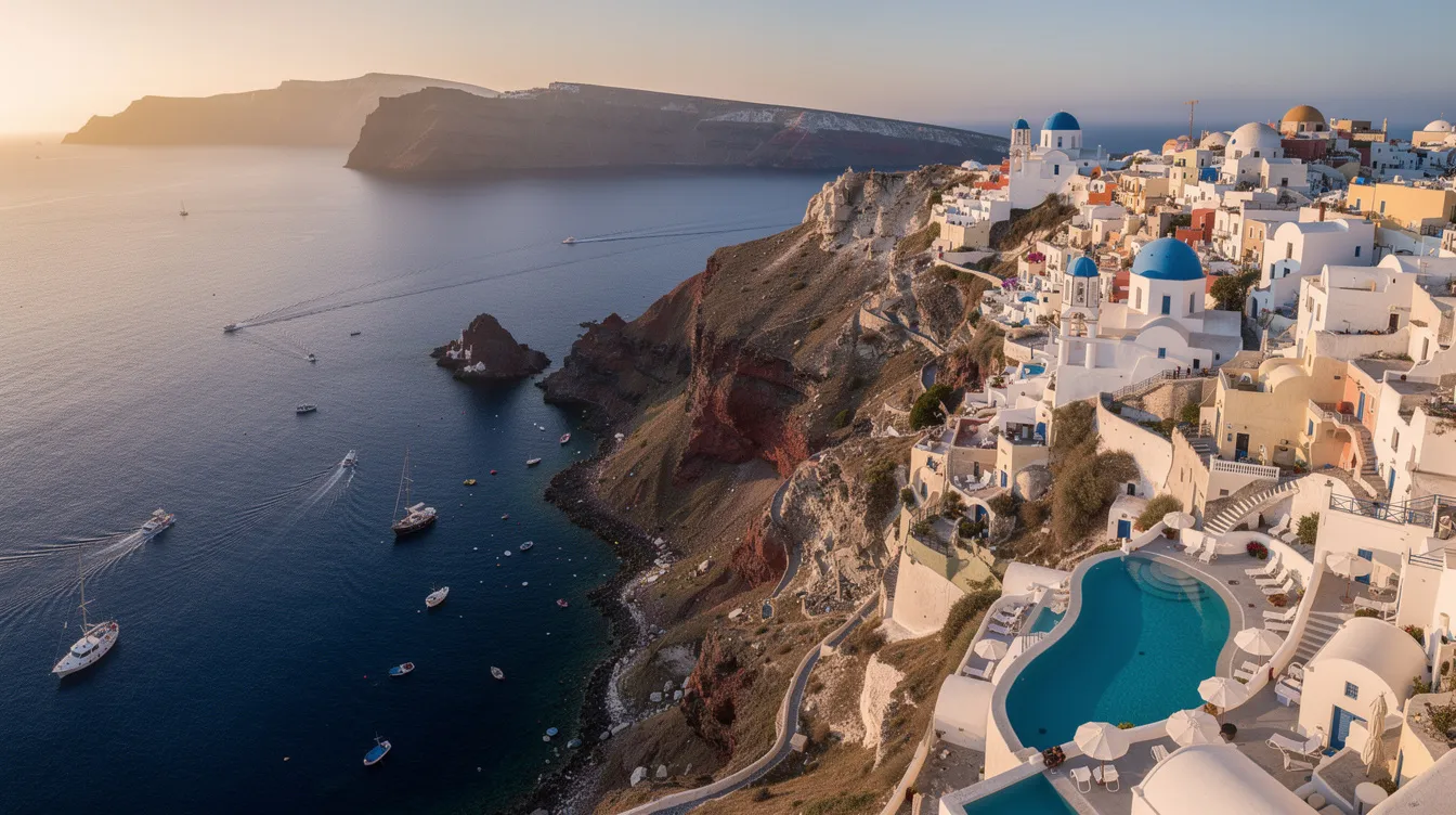 A imagem mostra Santorini vista de cima, destacando suas casas brancas e azuis que se espalham pela ilha, cercadas pelo mar Egeu. Este destino da Grécia antiga é famoso por suas vistas deslumbrantes e clima mediterrâneo, atraindo viajantes de todo o mundo.