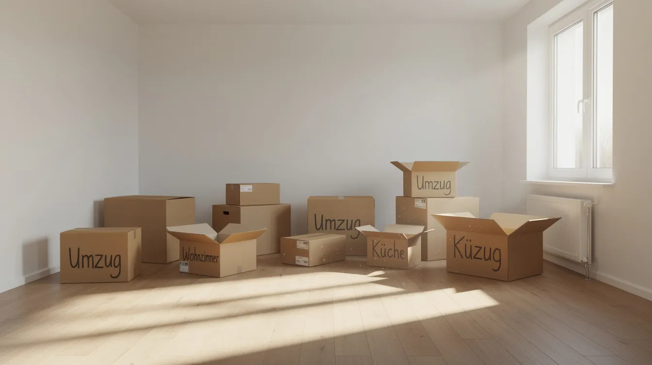 Im leeren Wohnzimmer stehen mehrere Umzugskartons, die von Tageslicht durch ein großes Fenster beleuchtet werden. Die Atmosphäre wirkt frisch und bereit für einen neuen Anfang, während die Umzugskartons auf einen bevorstehenden Wohnungswechsel hinweisen.