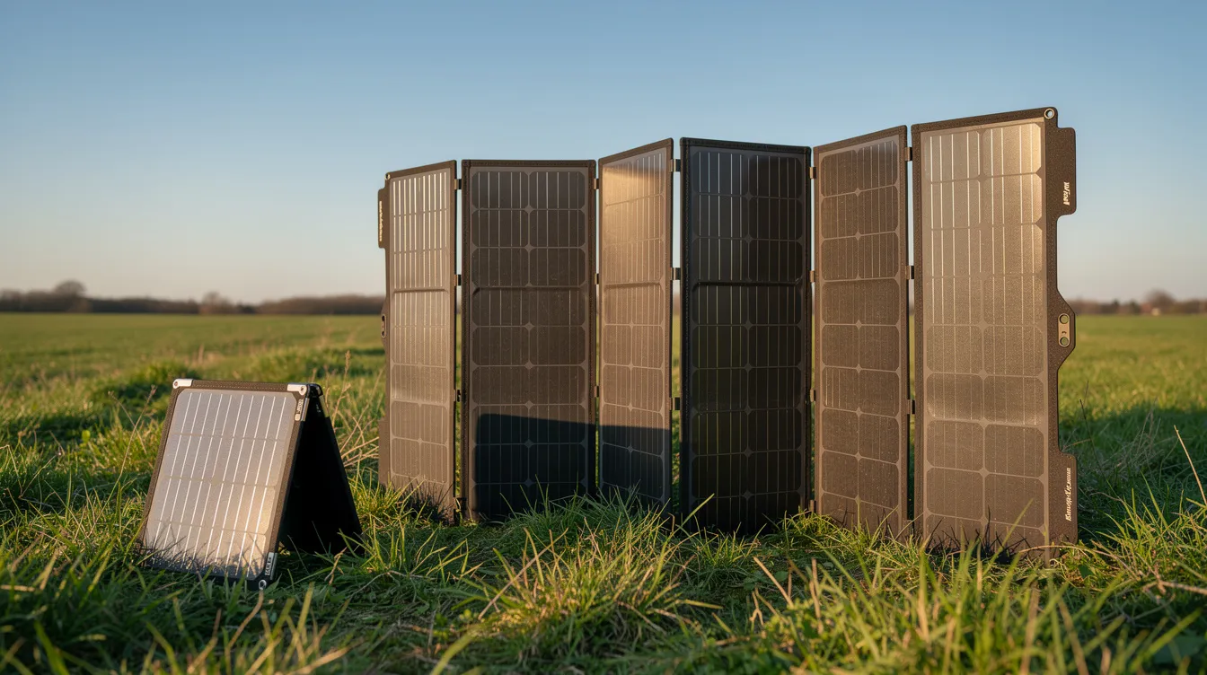 Drei verschiedene Solarpanels stehen nebeneinander auf einer Wiese, von klein bis groß, und zeigen unterschiedliche Falttechniken. Diese Solarmodule sind ideal für Outdoor-Aktivitäten wie Camping oder Wandern, um Smartphones und andere Geräte mit USB-Anschluss aufzuladen.