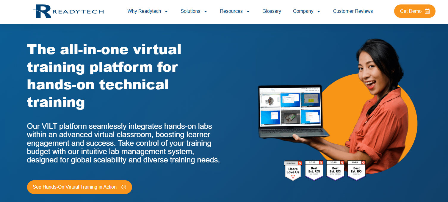 ReadyTech homepage showcasing an all-in-one virtual training platform with hands-on technical labs and virtual classroom features.