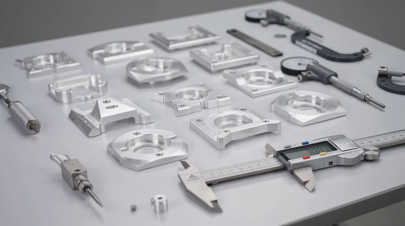 The image shows precision CNC machined aluminum parts neatly arranged on an inspection table, accompanied by calipers and various measurement tools, highlighting the meticulous quality control involved in CNC machining services. This setup reflects the advanced technology used by CNC machining manufacturers in China to achieve tight tolerances and ensure exceptional precision in custom parts production.