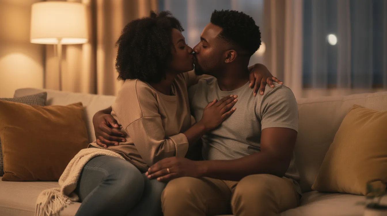 A black couple is cuddling on a couch, sharing a tender kiss that reflects their emotional connection and physical affection. This intimate moment highlights their romantic bond and the importance of honest communication in a relationship.