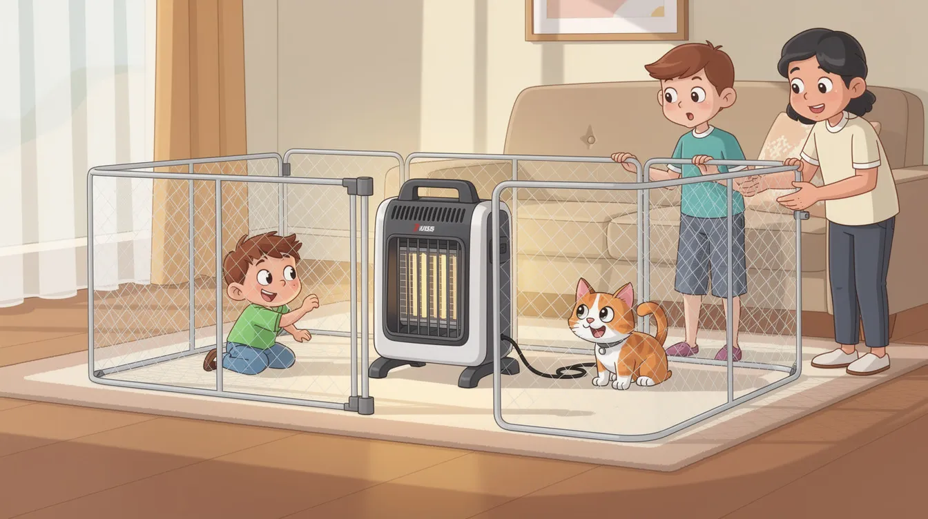 A space heater with a protective barrier, ensuring safety around children and pets, along with safety tips displayed.