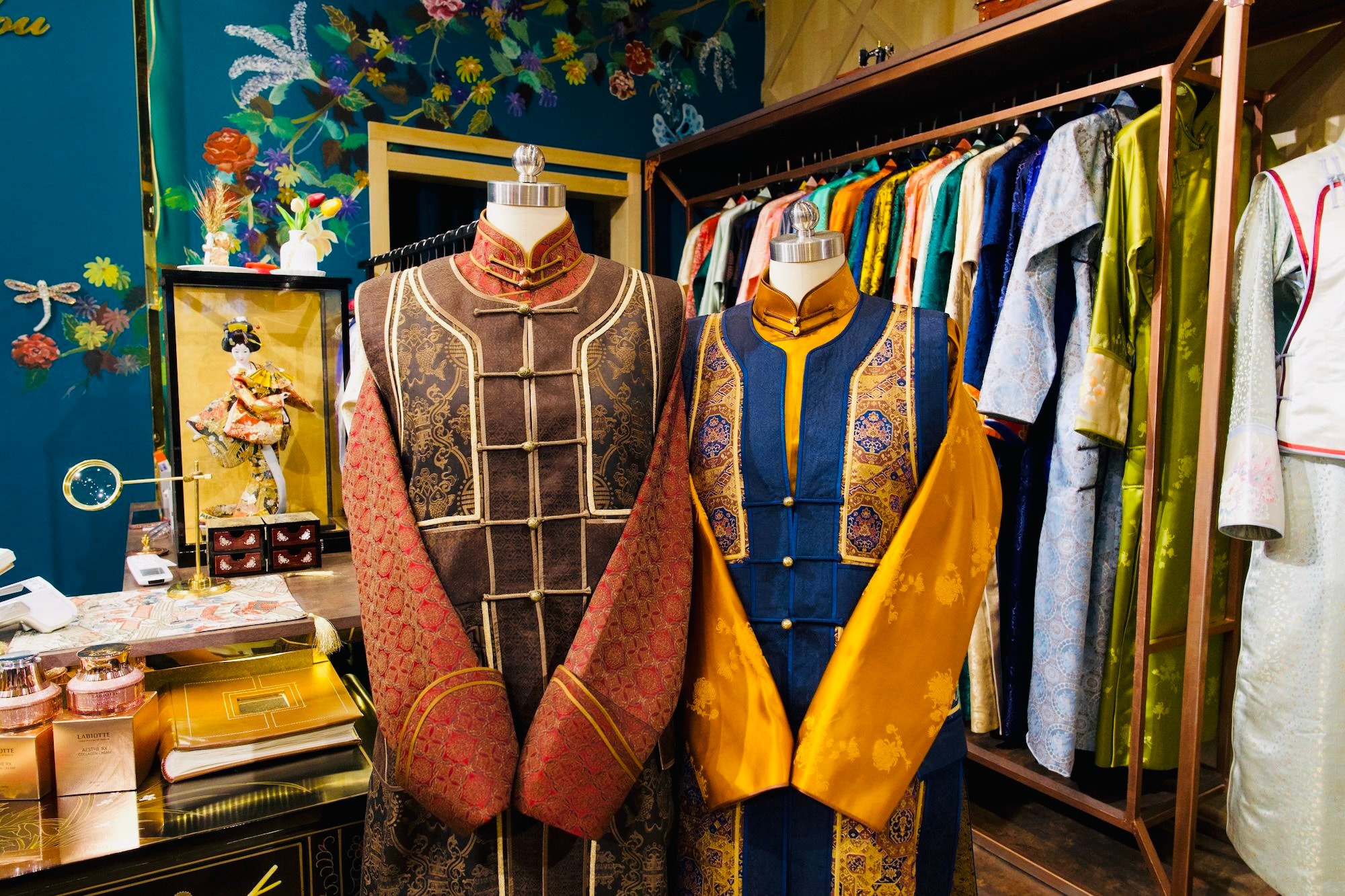 Intricately designed traditional Mongolian garments, showcasing cultural richness and heritage.