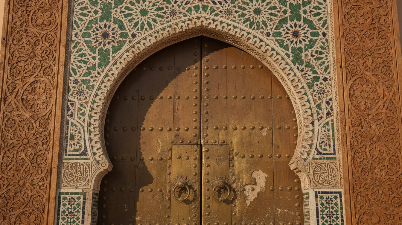 The image features a close-up view of ornate Moroccan palace gates, showcasing intricate zellij tilework and beautifully carved cedar details. This architectural marvel reflects the rich history and craftsmanship found in Morocco's historical landmarks, particularly in cities like Marrakech and the iconic El Badi Palace.