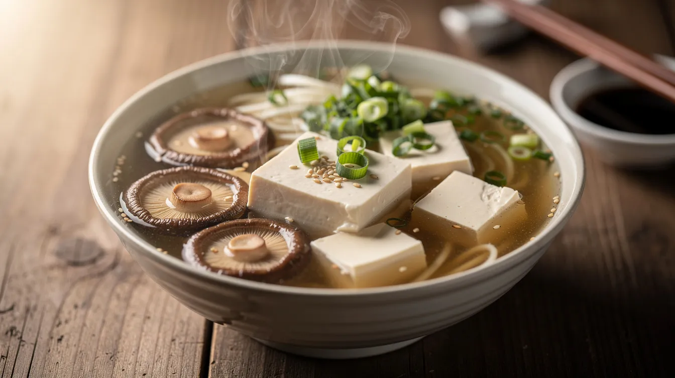 The image depicts a steaming bowl of Asian-style soup filled with sliced shiitake mushrooms, green onions, and tofu, showcasing the savory umami flavor of the dish. This nutritious meal highlights the health benefits of shiitake mushrooms, known for their immune-boosting properties and support for overall wellness.