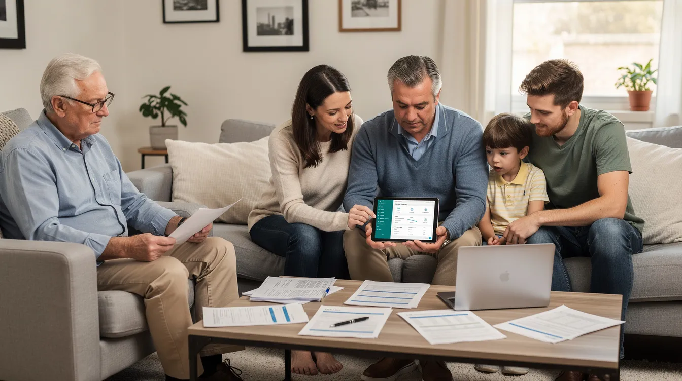 A family is gathered in their living room, reviewing financial documents and using a tablet to discuss their finances. This scene reflects a moment of financial planning, possibly related to personal loans or home loan strategies, highlighting the importance of informed decision-making in managing their finances.