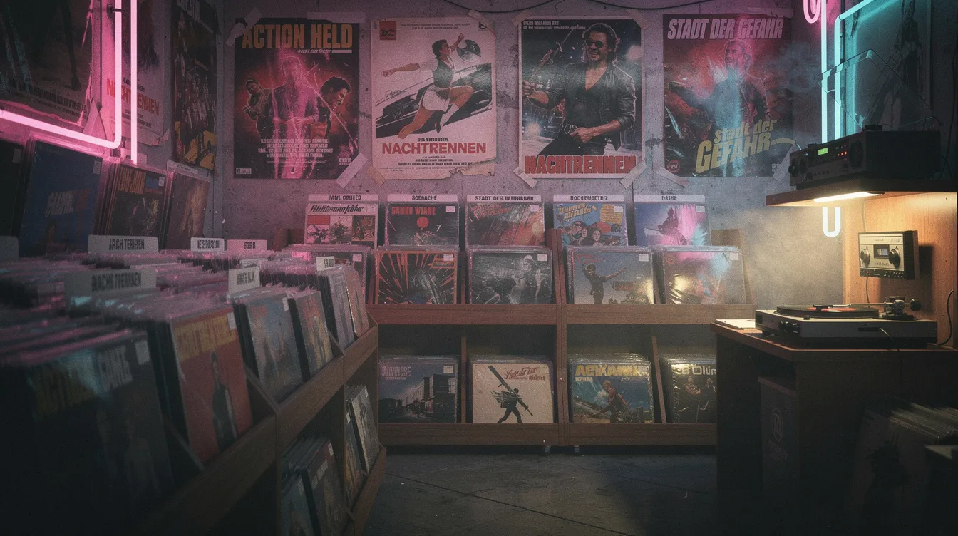 Ein neonbeleuchteter Plattenladen der 1980er Jahre zeigt Regale voller Schallplatten und Wände mit Actionfilm-Postern. Die Atmosphäre ist lebhaft und erinnert an die Musik- und Filmkultur dieser Zeit, während der Sound von Vinylplatten im Hintergrund zu hören ist.