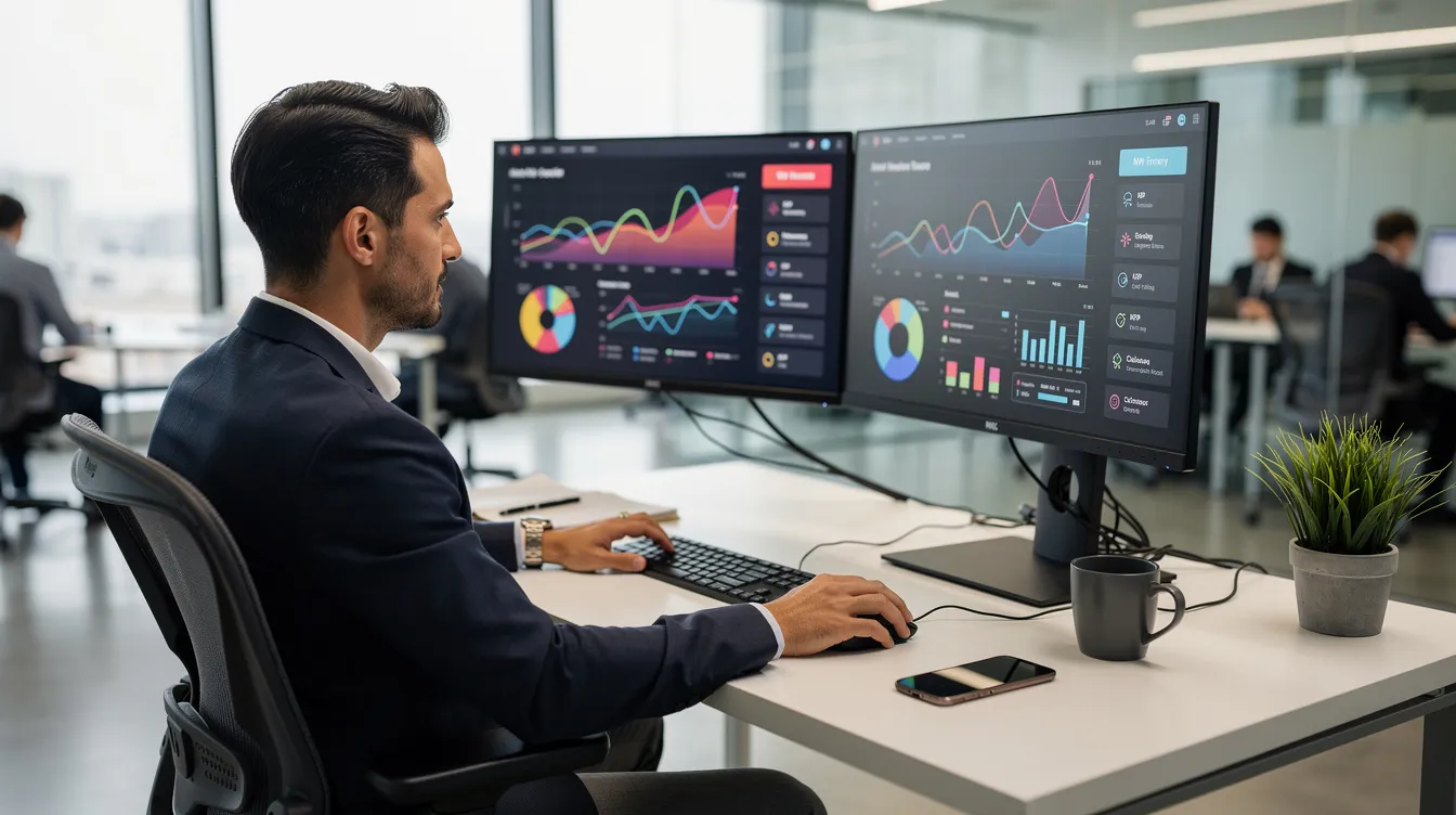 A professional data analyst is seated at a sleek, modern desk, focused on dual monitors that display vibrant data dashboards and analytics charts. This setup illustrates the growing role of AI tools in data analysis, highlighting the importance of human oversight in leveraging AI for enhanced business outcomes.
