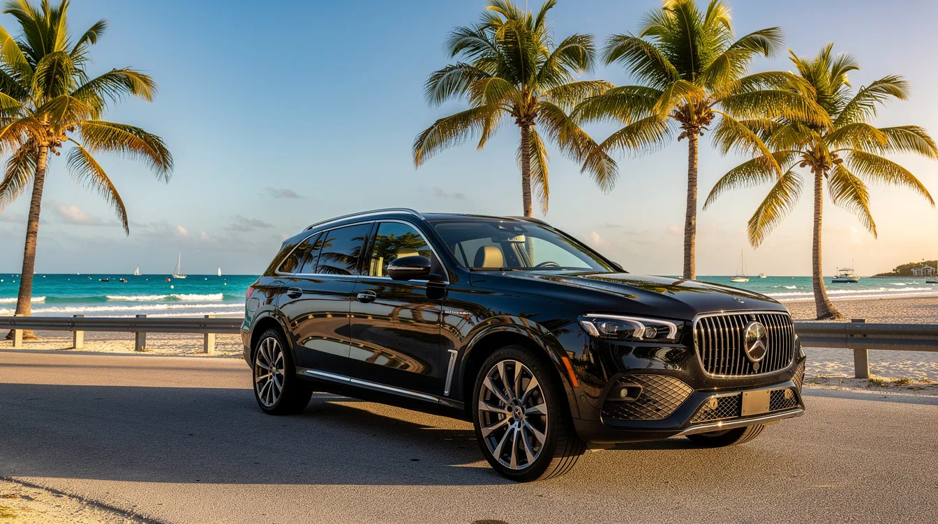 A sleek black luxury SUV is parked along a picturesque palm-lined coastal road in the Bahamas, embodying the essence of luxury transportation. This vehicle represents a reliable option for travelers seeking stress-free airport transfers and excellent customer service during their next trip.