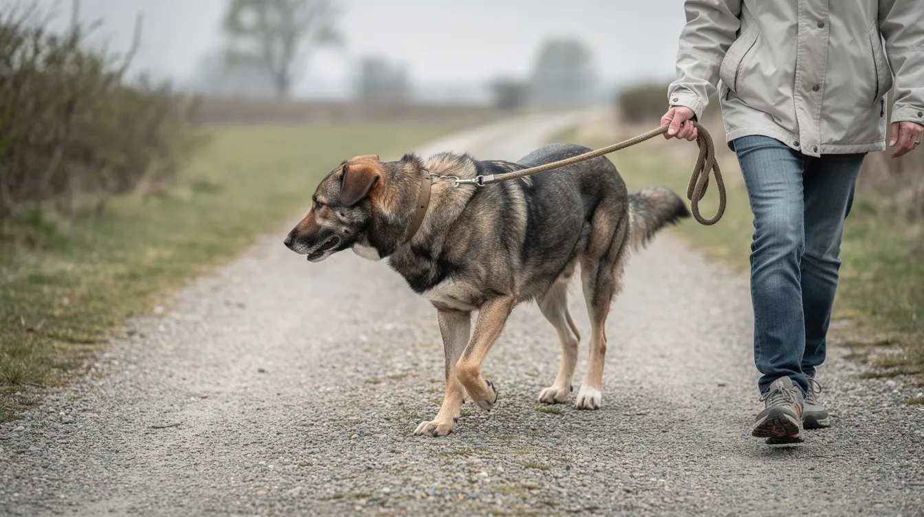 A large mixed-breed dog is walking slowly along a flat gravel path on a lead held by its owner, showcasing a gentle demeanor that may suggest it is managing arthritis or other joint issues. The scene highlights the importance of regular exercise for older dogs, which can help maintain a healthy weight and support their joints.