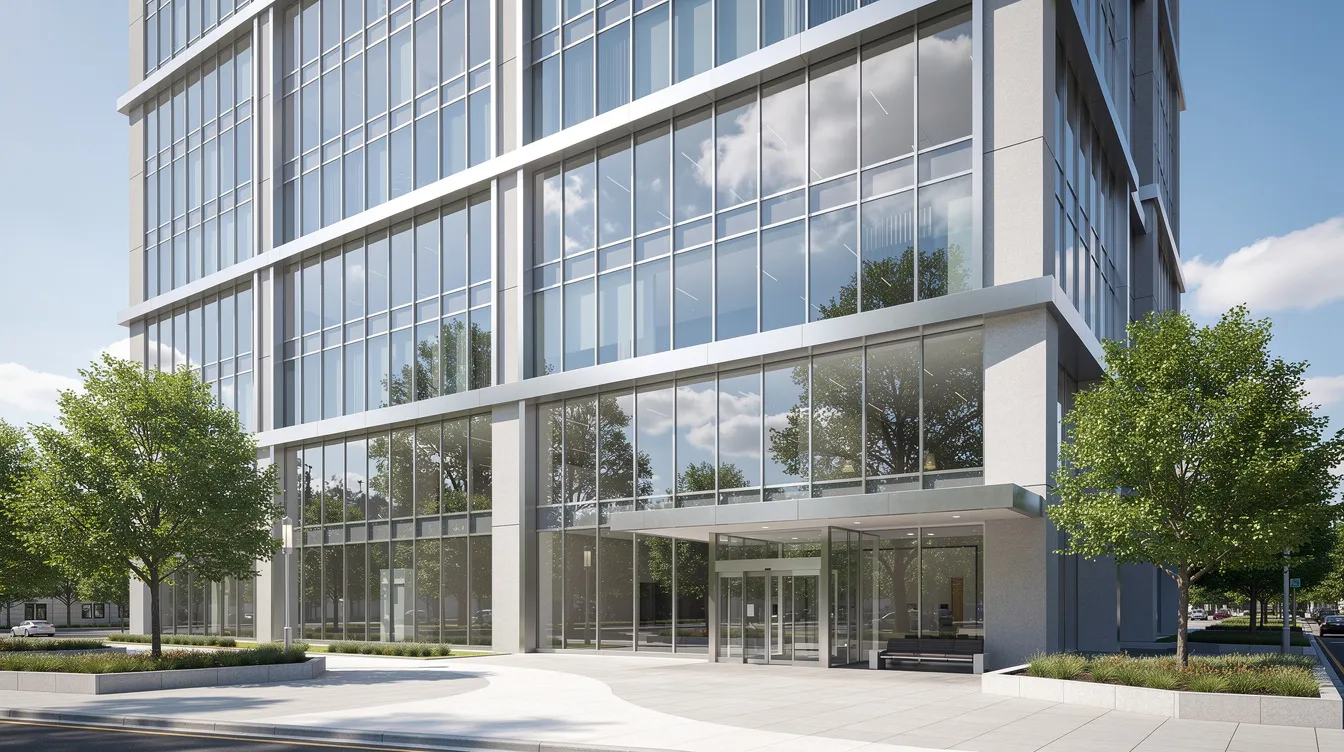 A clean, modern office building features sparkling glass windows that reflect natural daylight, showcasing the meticulous attention of professional window cleaners. The bright and clear exterior enhances the building's curb appeal, ensuring a welcoming atmosphere for customers and foot traffic.