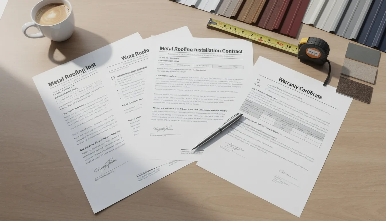The image features a collection of contract documents and warranty paperwork related to a metal roofing project, showcasing details about the installation process and the responsibilities of the metal roofing contractor. These documents are essential for homeowners and building owners to understand the terms of service, coverage, and warranties associated with their new roof.