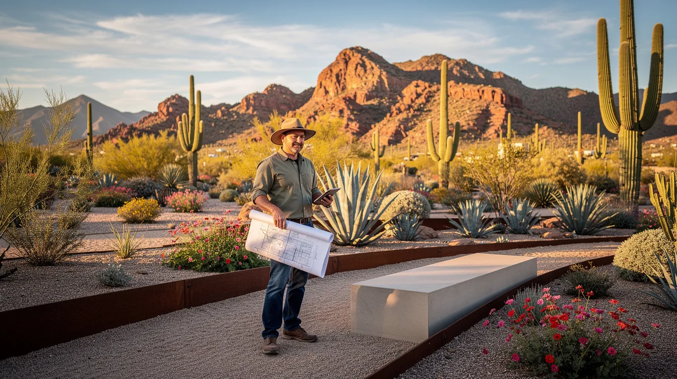 An Arizona landscape designer is shown working on a project, surrounded by various landscape plants and design features that enhance the outdoor space. The scene captures the essence of landscape architecture, emphasizing sustainable practices and plant selection to create a beautiful and functional garden.