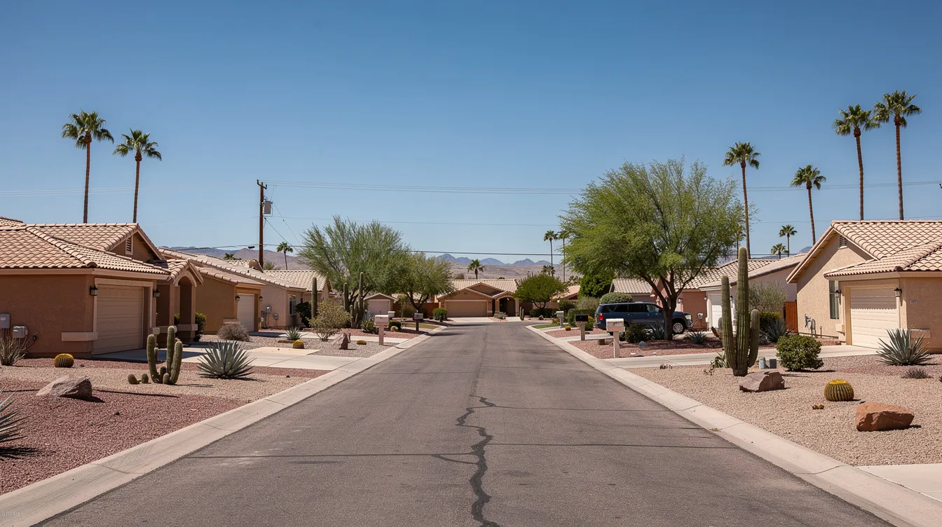 The image depicts a serene suburban neighborhood in Phoenix, Arizona, featuring single-story homes with desert landscaping, all set beneath a clear blue sky. This peaceful environment highlights the importance of reliable plumbing services for homeowners, ensuring that plumbing systems function smoothly and efficiently.