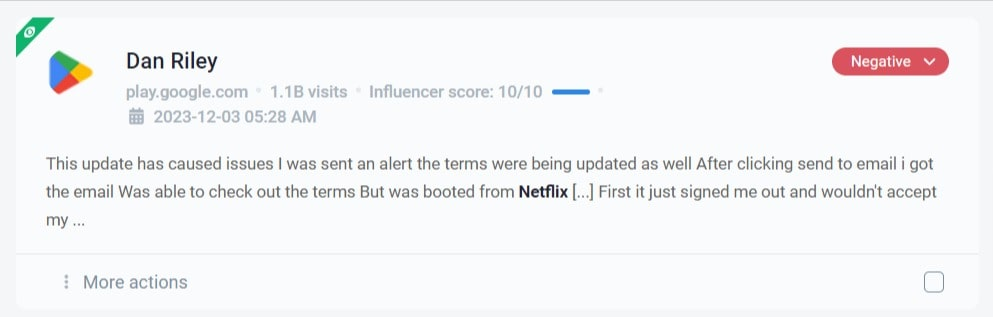 Negative Google play review detected by the Brand24 tool