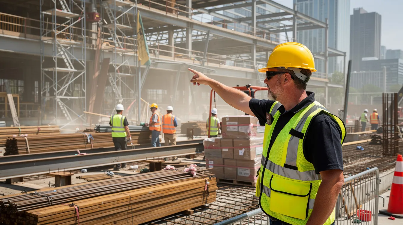 A construction foreman wearing a hard hat is actively directing crew members at a commercial job site, surrounded by building materials and scaffolding. This scene highlights leadership skills and teamwork essential for project success in the construction industry.