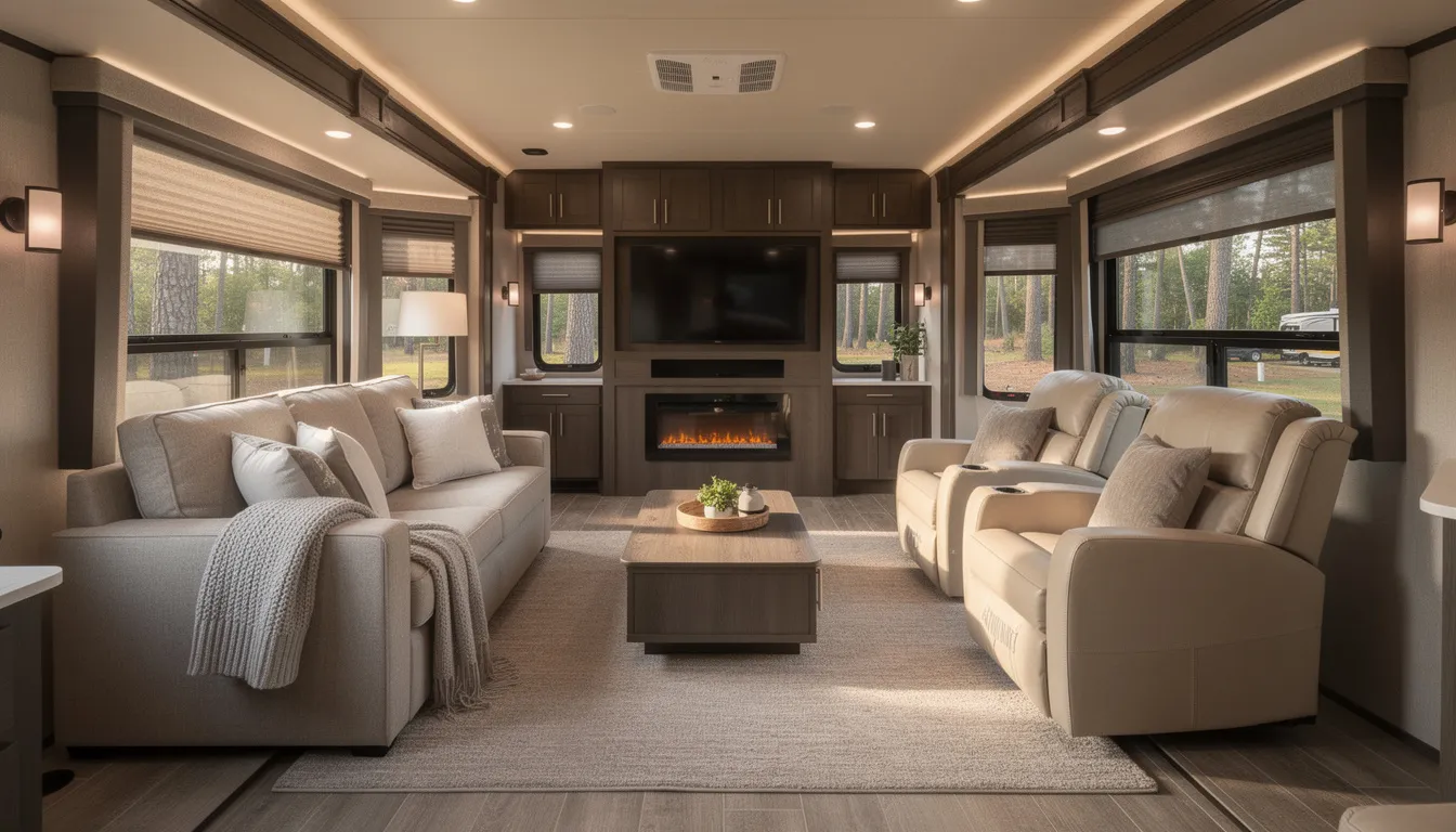 The image depicts the interior of a spacious RV living room featuring multiple slide-outs extended, creating ample space for relaxation and socializing. The room is designed with comfortable seating and a welcoming atmosphere, ideal for full-time living or weekend getaways.