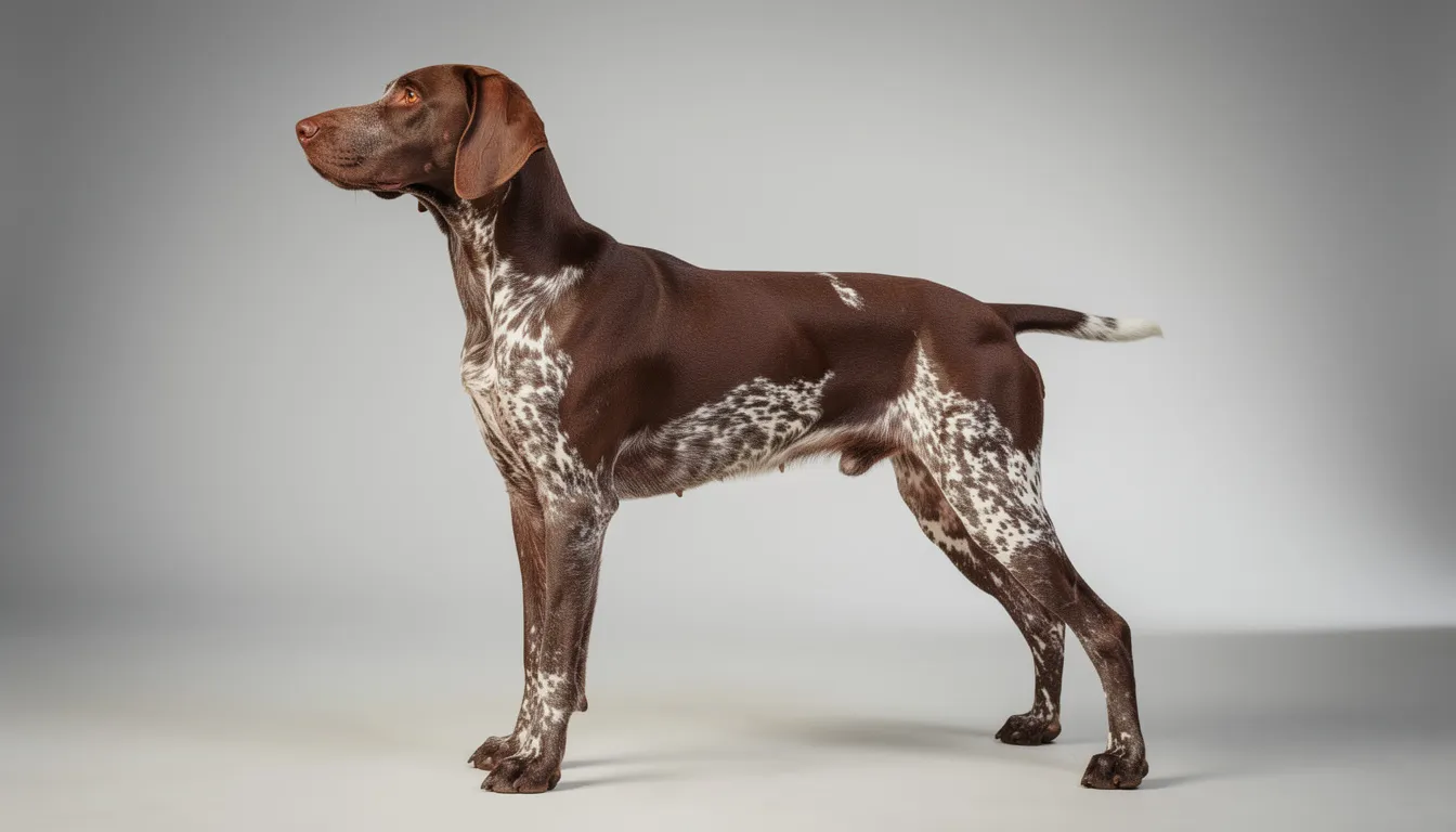 Na zdjęciu widać profil wyżła niemieckiego krótkowłosego, który prezentuje swoją atletyczną budowę ciała. Pies ma krótką sierść w brązowe i białe znaczenia, co podkreśla jego silny instynkt łowiecki oraz zrównoważony charakter.