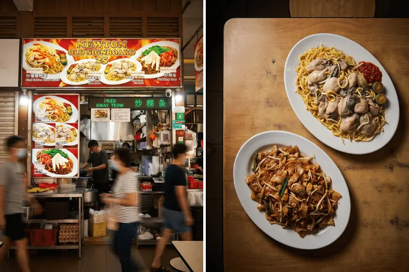 Split-screen image showing the vibrant Newton Old Signboard Fried Kway Teow stall (Stall 25) with people walking by, next to a top-down view of plates of Hokkien mee and char kway teow.