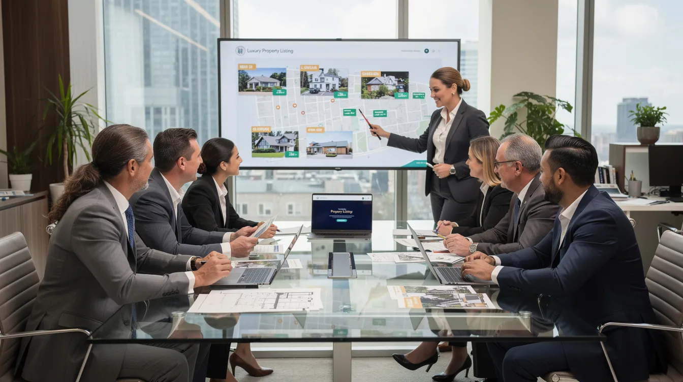 The image depicts a group of real estate agents collaborating in an office setting, discussing strategies to enhance their real estate business. They are utilizing advanced tools and IDX solutions to generate leads and provide valuable insights into the real estate market.