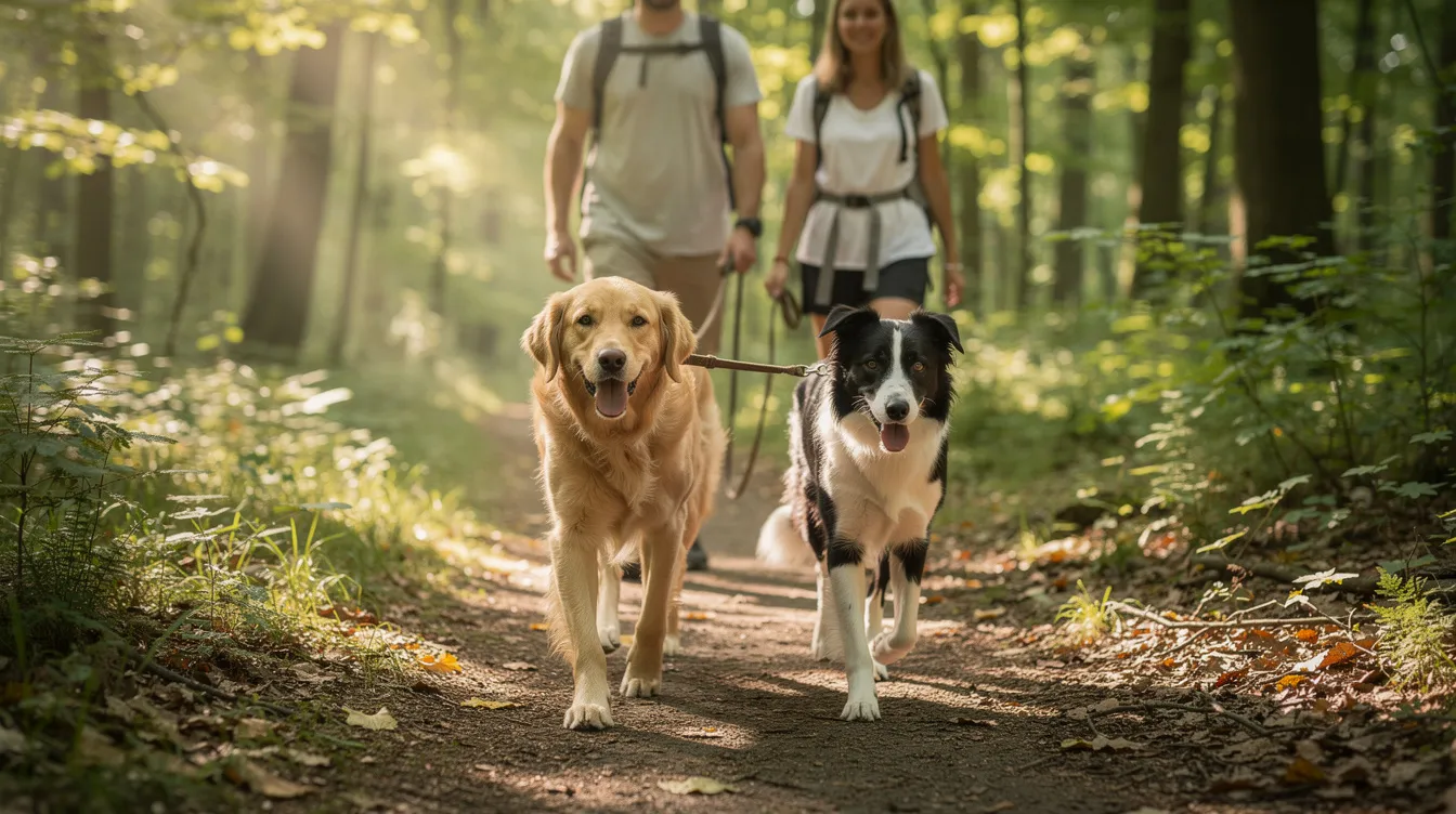 Two dogs are happily walking side by side on a forest trail, accompanied by their owners, enjoying the physical exercise and mental stimulation that nature provides. This scene highlights the importance of enrichment activities for dogs, promoting their natural behaviors and overall wellbeing.