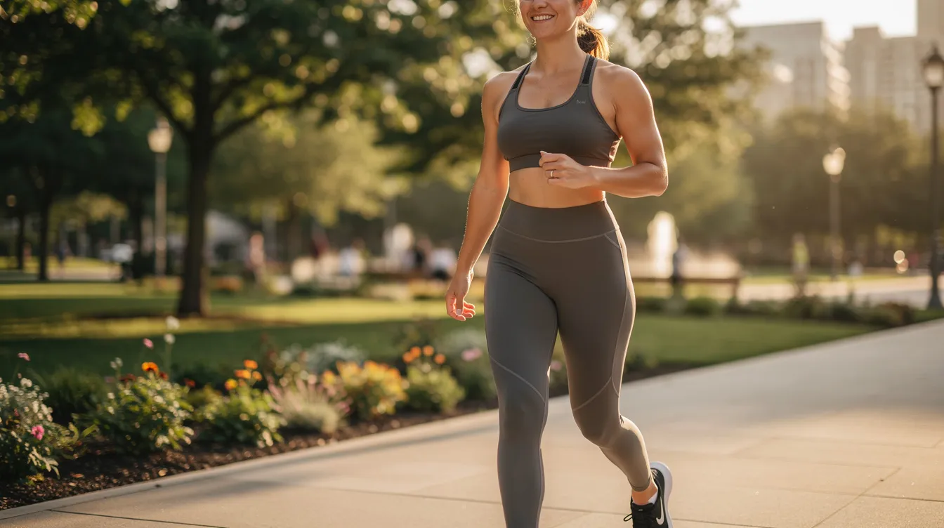 A person is walking outdoors in athletic clothing, showcasing a noticeable improvement in their body shape after undergoing a butt lift procedure. The individual appears healthy and confident, reflecting the positive outcomes of their recent body contouring surgery.