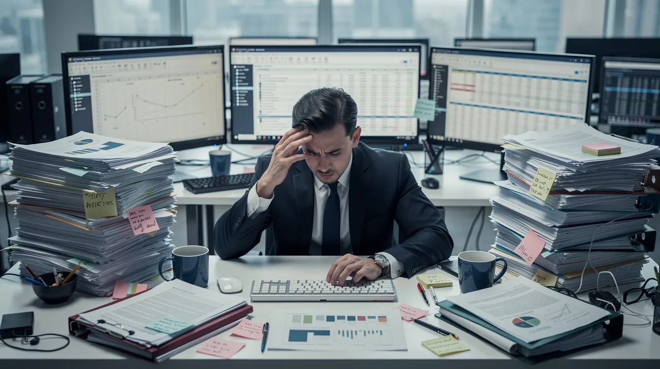 The image depicts a stressed professional sitting at a cluttered desk, overwhelmed by stacks of papers and multiple spreadsheets, illustrating the chaos often encountered in a busy work environment. The scene conveys a human-readable message about the challenges of managing presentation availability and data in a high-pressure setting.