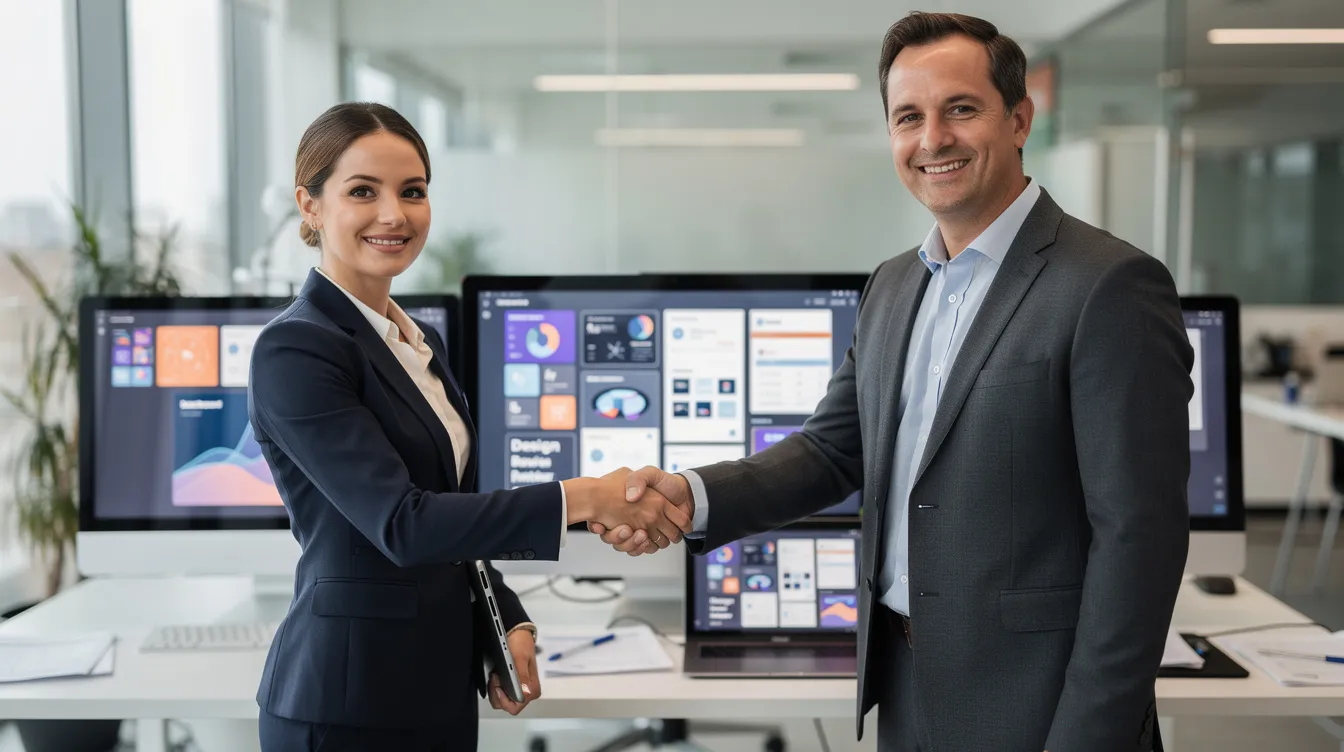 The image depicts two business professionals shaking hands in a modern office setting, with screens displaying various design work in the background, illustrating the collaborative atmosphere of a digital marketing agency specializing in web design and graphic design services. This scene emphasizes the importance of strategic partnerships in achieving business goals and enhancing brand identity.