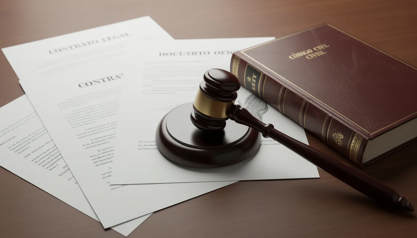 The image features legal documents and a judge's gavel placed on a wooden desk, symbolizing the legal processes related to workplace accidents and injuries. This setting reflects the importance of hiring an abogado de lesiones to navigate claims for compensation after an accident in the workplace.