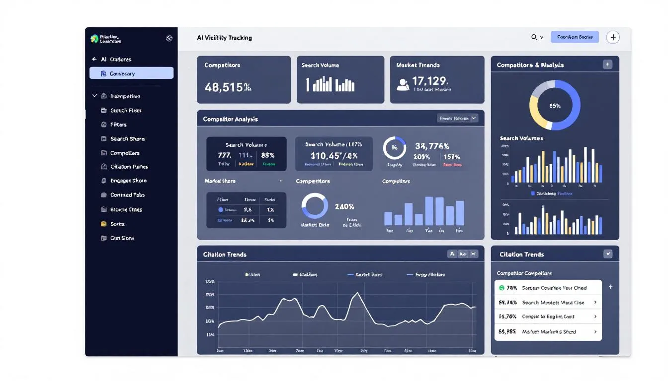 The image depicts an AI visibility tracking dashboard that showcases competitor analysis and citation trends, highlighting brand visibility metrics and actionable insights for marketing teams. It features graphs and data visualizations that illustrate search visibility, citation frequency, and brand mentions across various AI platforms and traditional search engines.