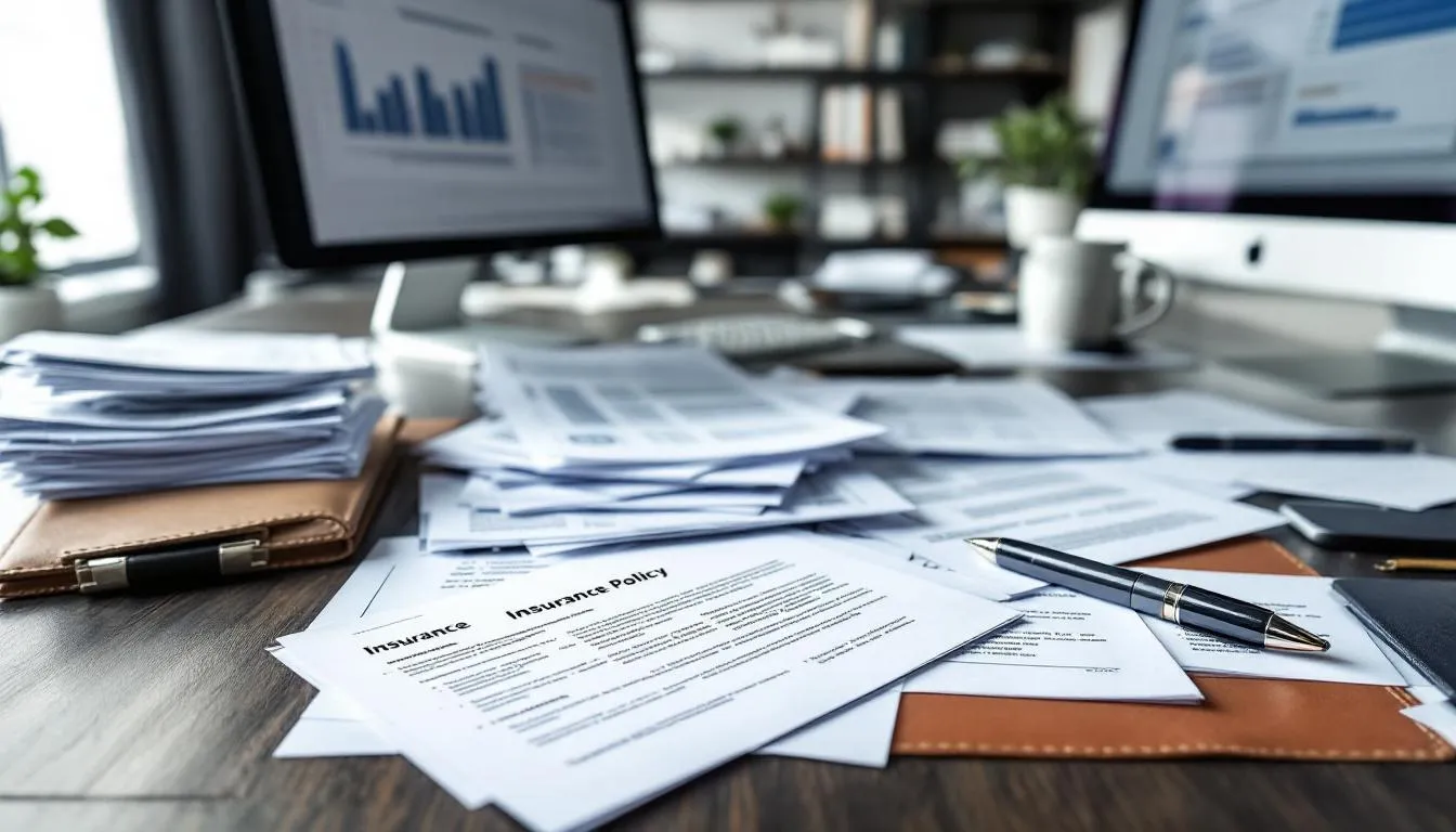 The image depicts a business desk cluttered with various financial documents, including insurance policy papers related to key person insurance and life insurance policies. These documents are essential for business owners to ensure financial protection and continuity in the event of a key employee's death or disability.
