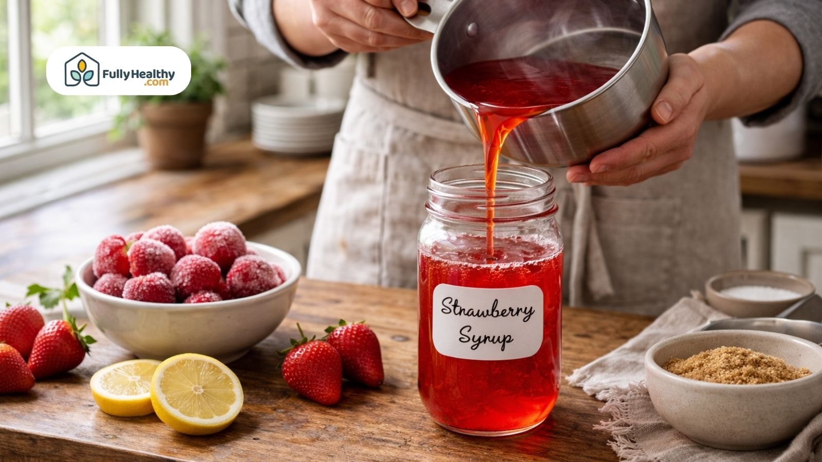 Pouring homemade strawberry syrup into mason jar with frozen strawberries nearby