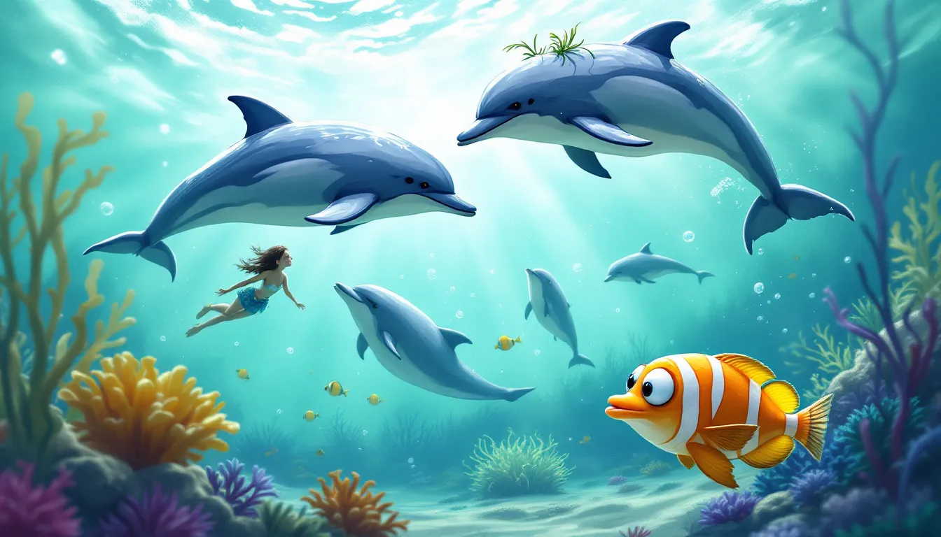 A human observing dolphins in their natural habitat, fascinated by their behavior.