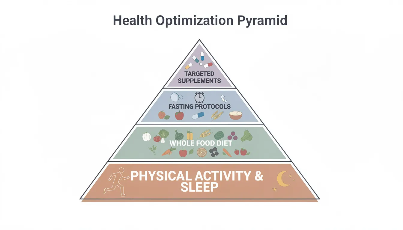 The image features a pyramid diagram with stacked layers representing the components of a longevity diet, including physical activity and sleep at the base, followed by a whole food diet, fasting protocols, and targeted supplements at the top. This visual emphasizes the importance of a balanced approach to health and longevity, highlighting practices that contribute to a long and healthy life.