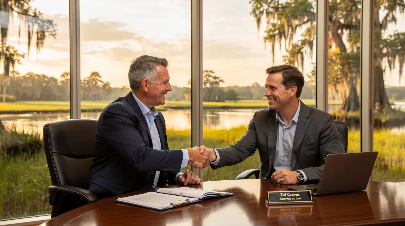 In an office setting with a scenic view of Louisiana in the background, Attorney Ted Coenen shakes hands with a satisfied client, symbolizing a successful consultation regarding social security disability benefits. The image reflects the positive outcome of navigating the complexities of SSDI eligibility and the support provided by an experienced attorney.