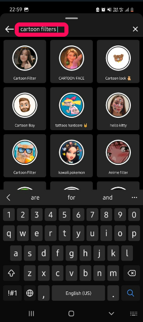 In the search bar, search for cartoon filters 