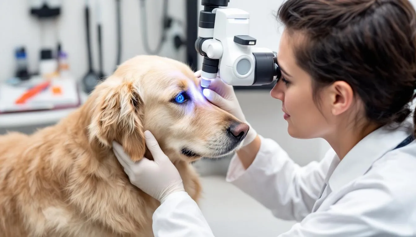 A veterinarian is conducting a thorough eye examination on a golden retriever, assessing for potential ocular diseases such as conjunctivitis in dogs. The examination may reveal clinical signs like ocular discharge, conjunctival swelling, or other ocular lesions that indicate allergic or bacterial conjunctivitis.