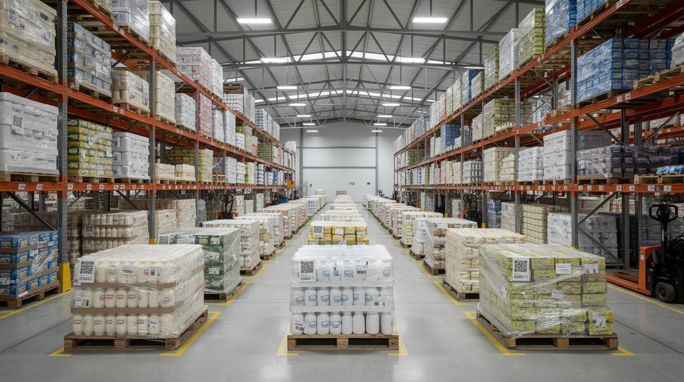 The image shows a large warehouse filled with neatly stacked packaged dairy products, including ghee, ready for dispatch. This organized space highlights the efficiency of the ghee manufacturing process and the importance of proper storage in the food processing industry.