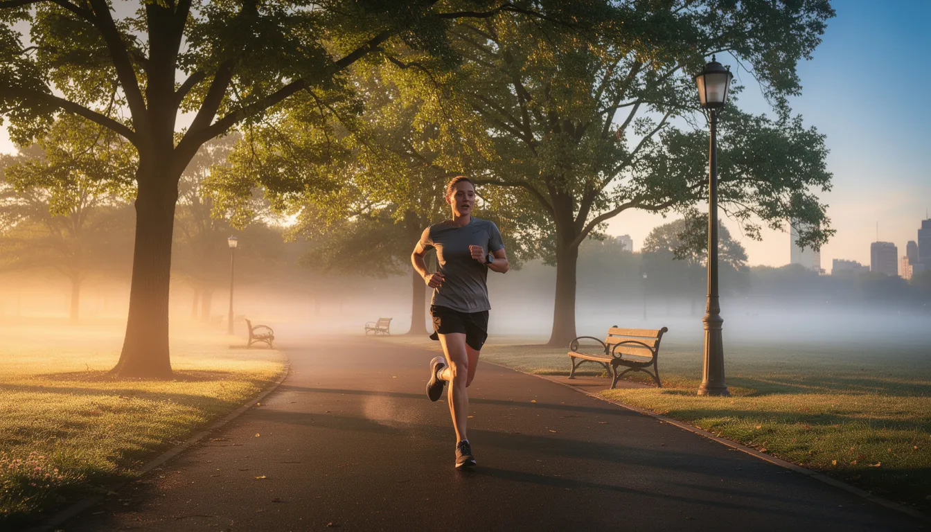 A person is jogging in a park during the morning, surrounded by green trees and a clear sky, promoting a healthy lifestyle that can support weight management and improve blood glucose levels. This outdoor exercise can be an effective part of a routine for those looking to lose weight and enhance their overall health.