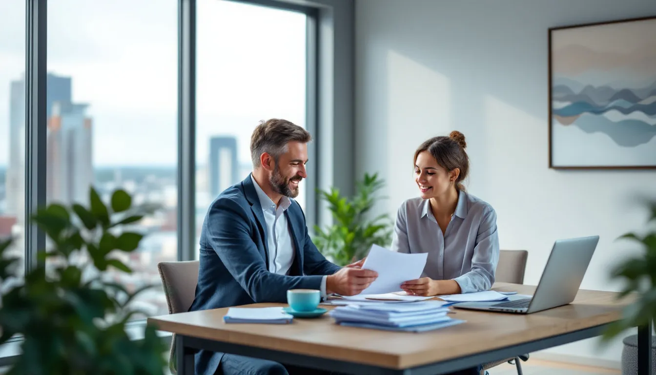 Un consultant en immigration à Sherbrooke aidant un client avec des documents.