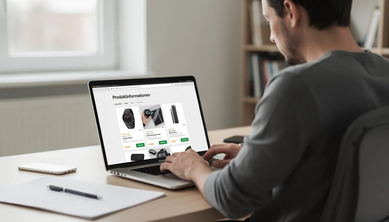 A person is sitting at a laptop researching product information about h4cbd, specifically the properties and effects of CBD products such as flowers and oil. Various websites with information about prices, ingredients, and offers are displayed on the screen.