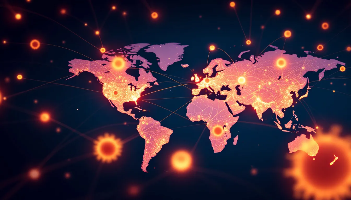 An illustration depicts a global network of interconnected nodes symbolizing the spread of AI-generated health disinformation across continents, highlighting the challenges faced by health systems in addressing acute public health events. This visual representation emphasizes the importance of international collaboration and awareness in combating misinformation that can endanger people's health worldwide.