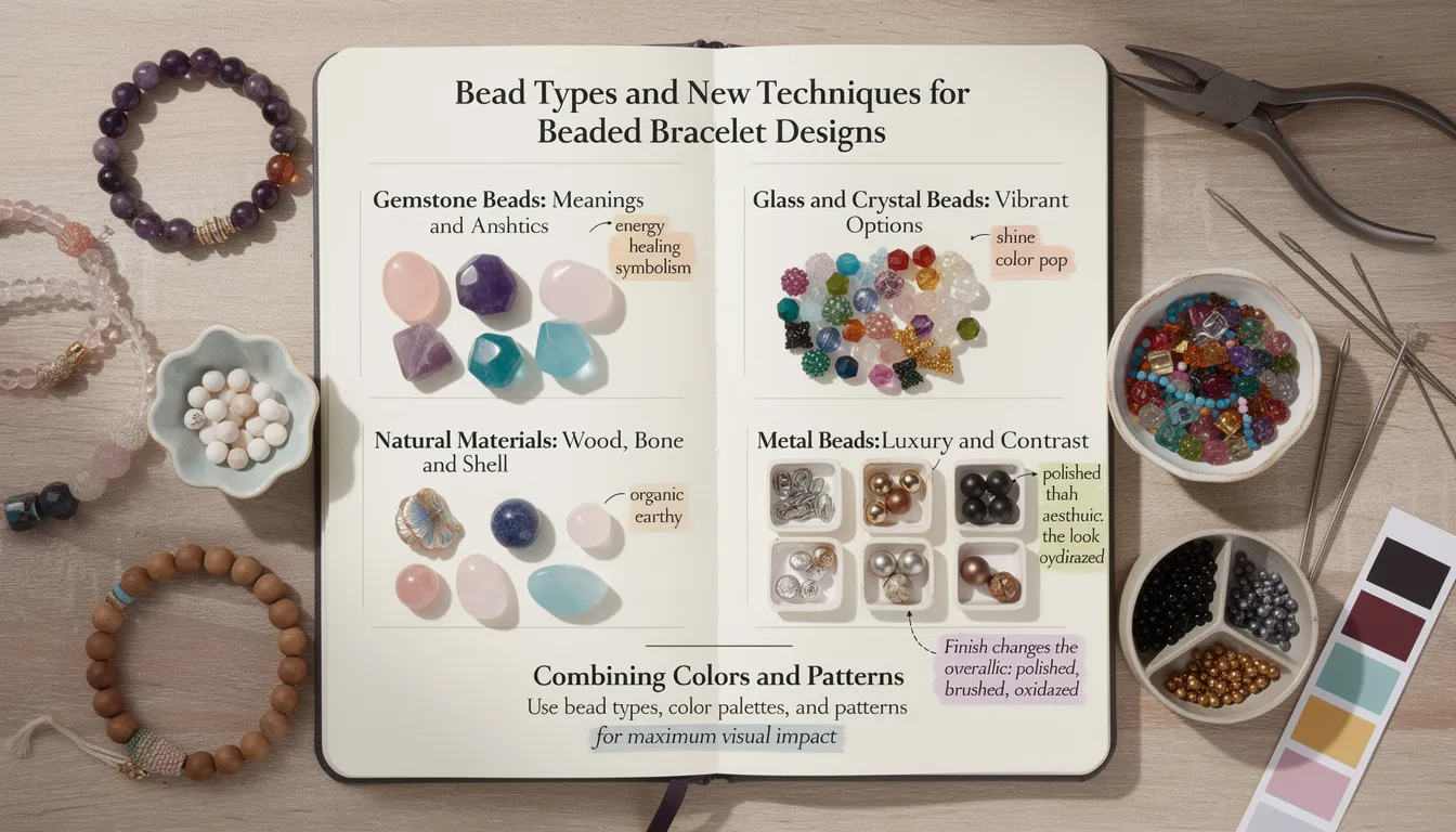 The image showcases a variety of beaded bracelet designs featuring different bead types, including gemstone, glass, and metal beads, arranged on a crafting table alongside essential supplies like beading wire and a beading needle. Various colors and textures highlight the creativity involved in bracelet making, inviting viewers to explore new techniques and patterns for their jewelry projects.